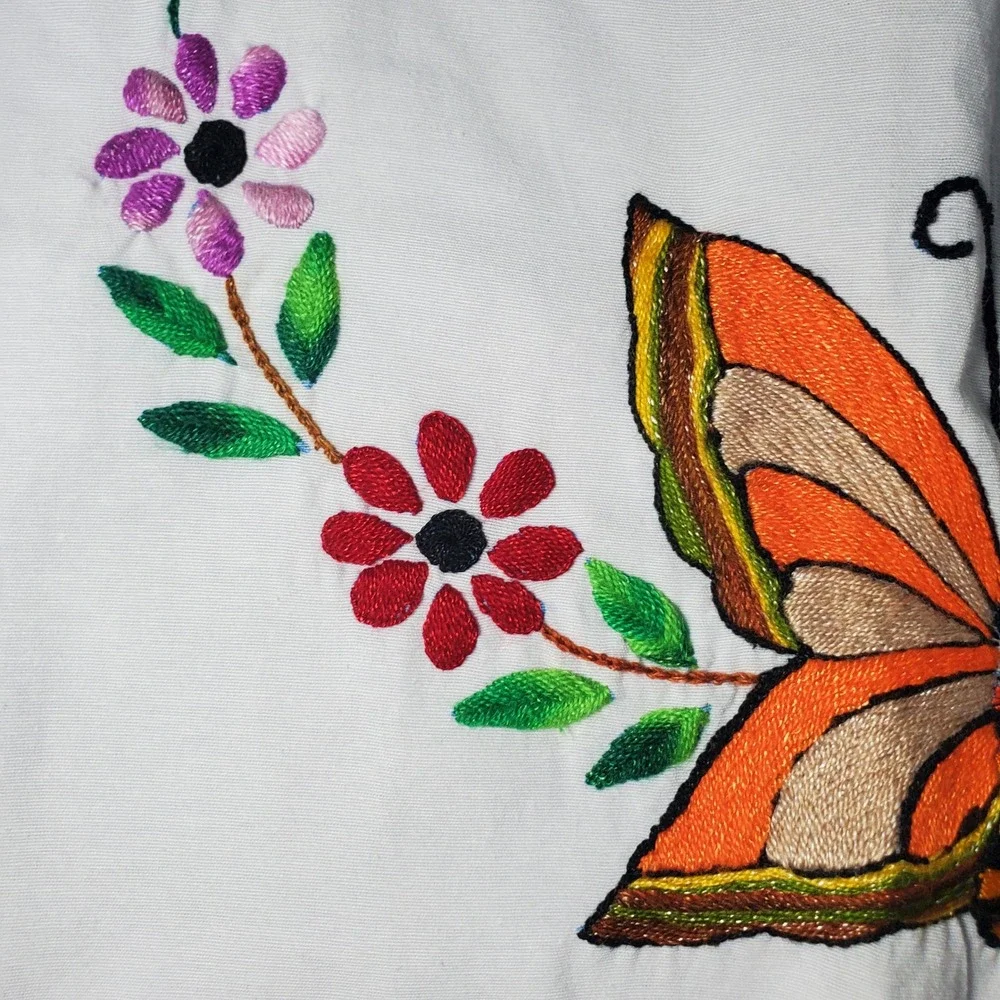 Hand Embroidered Pillowcase White Butterfly Floral Decor Home Accent Cottagecore